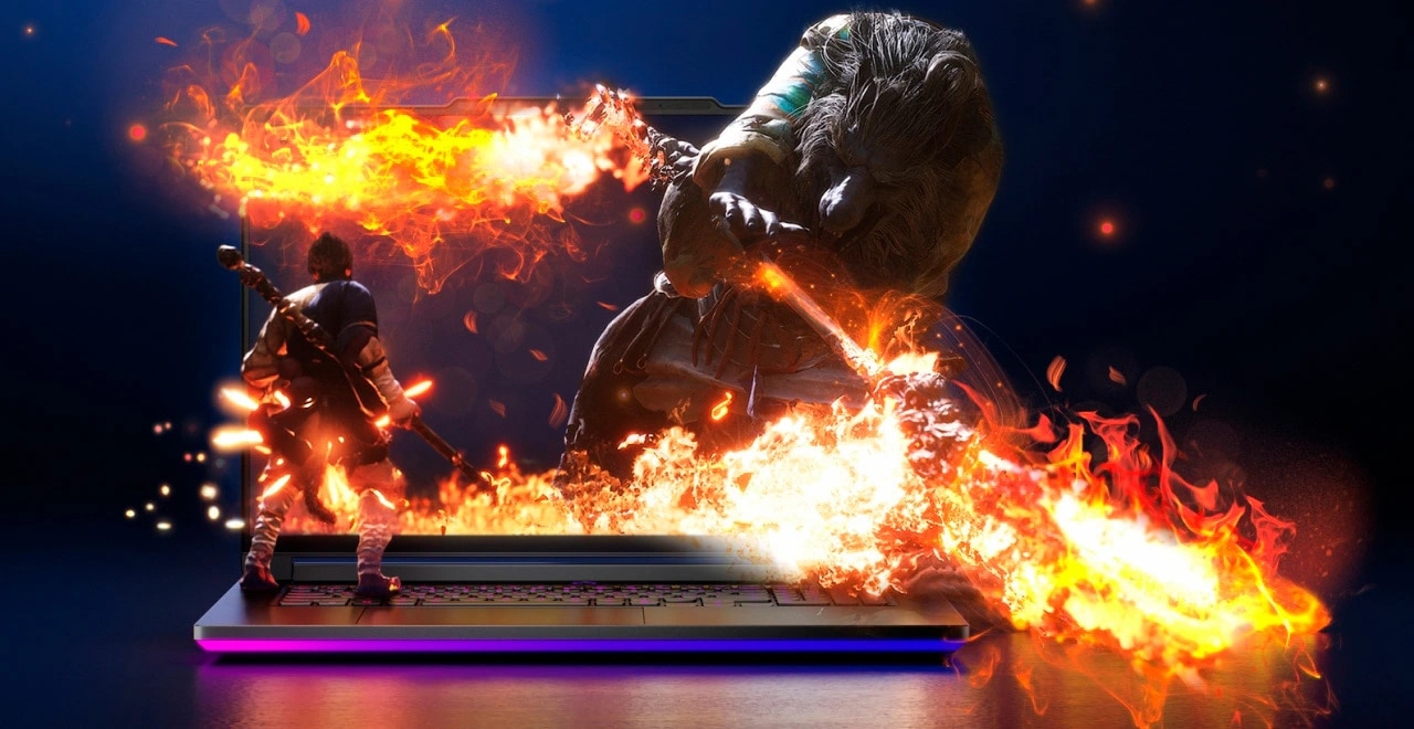 A fiery video game scene emerges from a laptop screen, featuring a warrior, Lenovo Legion 9 Series.