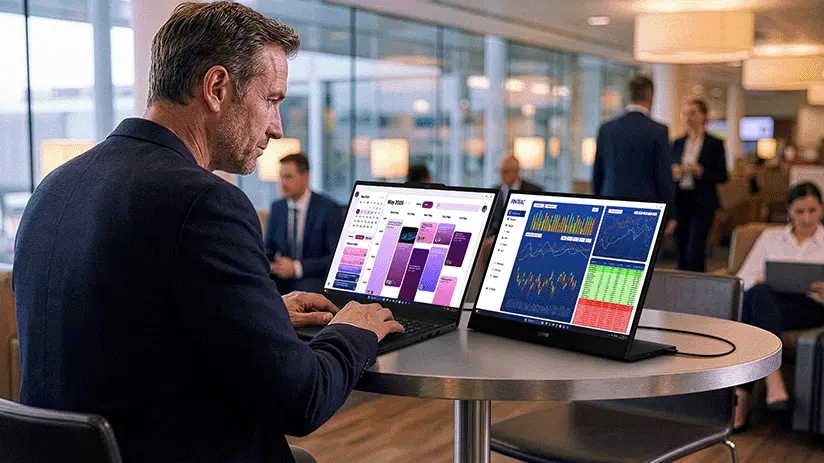 Un hombre con traje sentado en una mesa, trabajando en un portátil con un monitor externo frente a él.