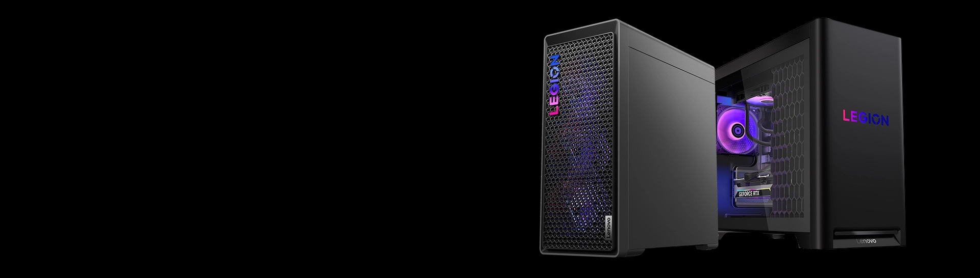 Two Lenovo Legion T-Series towers with LED lighting, positioned side by side against a black background.