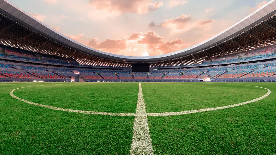  The center of a football field in an arena. 