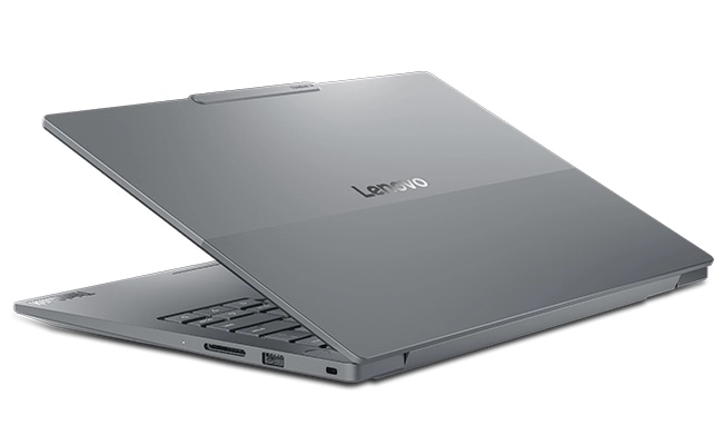 A Lenovo ThinkBook 14 Gen 9 laptop, partially closed, highlighting the dual-tone, sleek cover.