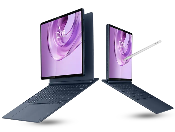 3 台 Yoga Tab 平板電腦以橫向模式擺放 – 1 台朝前並連接鍵盤套件，另外 2 台朝後，其中 1 台上面放有 Lenovo Tab Pen Pro。