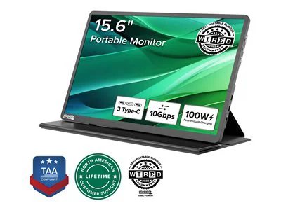 Plugable USB-C Portable Monitor 15.6 Inch, 100W Pass-Through Charging - for Your Laptop, Smartphone or Tablet