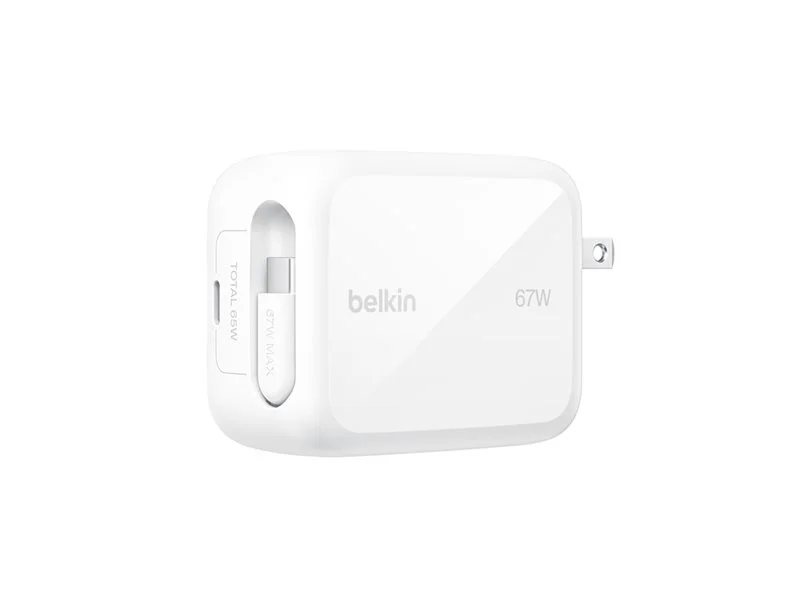 Belkin UltraCharge Retractable GaN Wall Charger, 67W - White