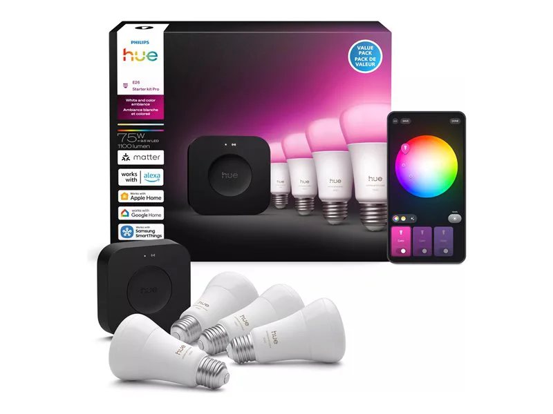 Philips Hue 75W White and Color A19 4-Pack with Hue Pro Bridge Kit