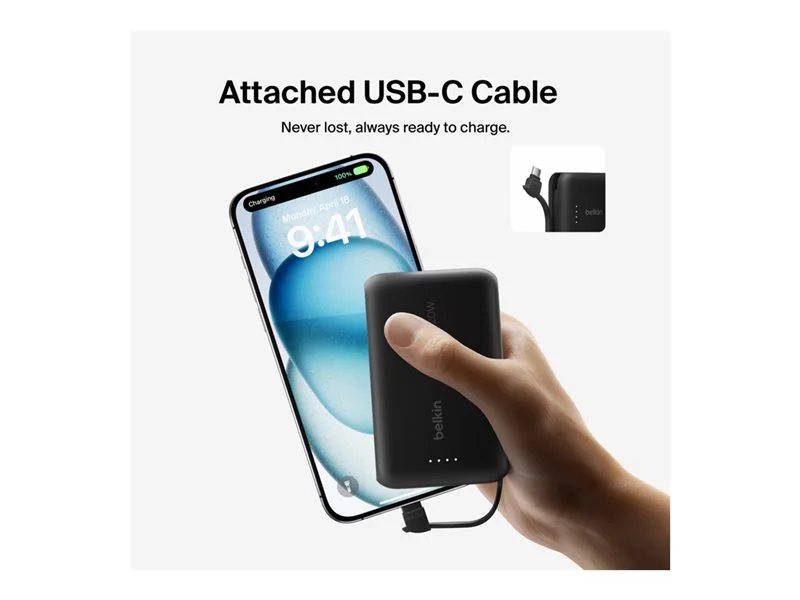 Belkin BoostCharge Power Bank 10K with Integrated Cable - Black
