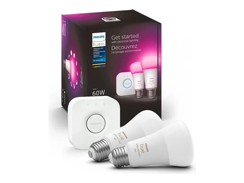Philips Hue White and Color Ambiance A19 Bluetooth 60W Smart LED Starter Kit, 2-Pack with Bridge