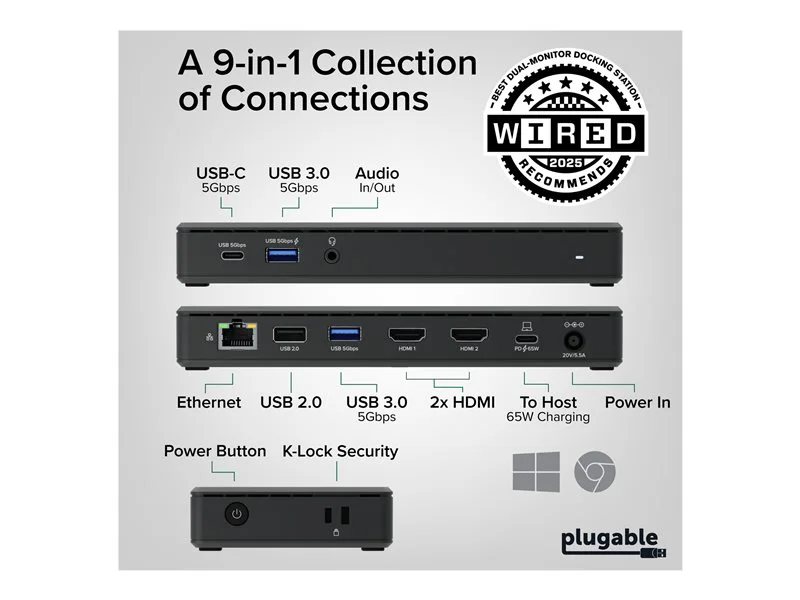 Plugable USB-C Dual HDMI Display Docking Station with 65W Laptop