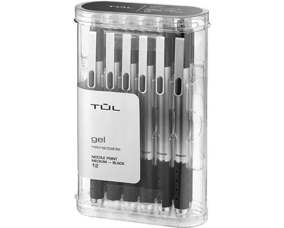 

TUL Retractable Gel Pens, Needle Point, 0.7 mm, Silver Barrel, Black Ink, Pack Of 12 Pens