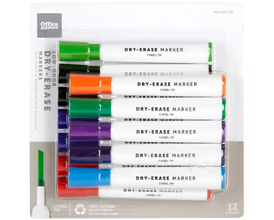 

Office Depot Brand Low-Odor Dry-Erase Markers, Chisel Point, 100% Recycled, Assorted Colors, Pack Of 12