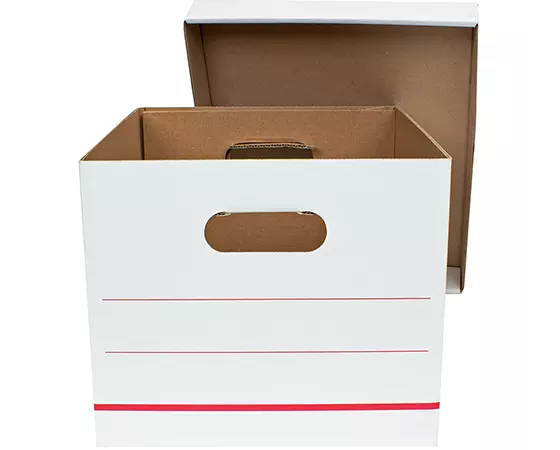 

Office Depot Brand Standard-Duty Corrugated Storage Boxes, Letter/Legal Size, 15in x 12in x 10in, 60% Recycled, White/Red, Pack Of 10
