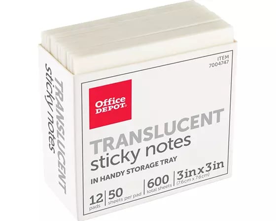 

Office Depot Brand Translucent Sticky Notes, With Storage Tray, 3in x 3in, Clear, 50 Notes Per Pad, Pack Of 12 Pads