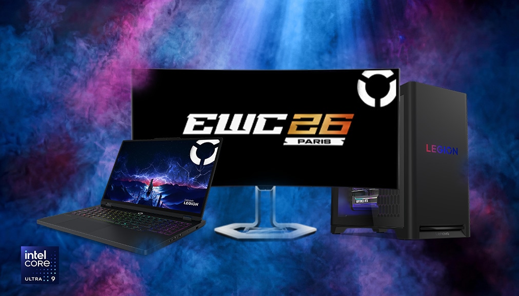 宣傳圖形,以 Legion Pro 7i 筆記型電腦、Legion 顯示器及 Legion Tower 7i 桌上型電腦為特色,展示 EWC 26 Paris 品牌。