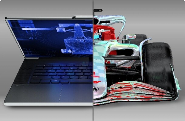Split image with a Lenovo ThinkPad with an F1 blue print on screen on the left and a F1 car on the right
