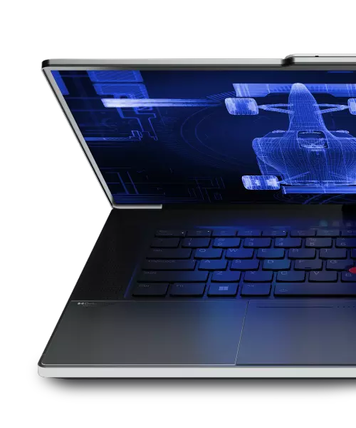 Lenovo ThinkPad with an F1 race car blue print on screen