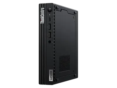 Forward-facing Lenovo ThinkCentre M80q Gen 4 Tiny (Intel) PC, at a slight angle, showing front panel & ports, Lenovo & ThinkCentre logos, & right-side panel