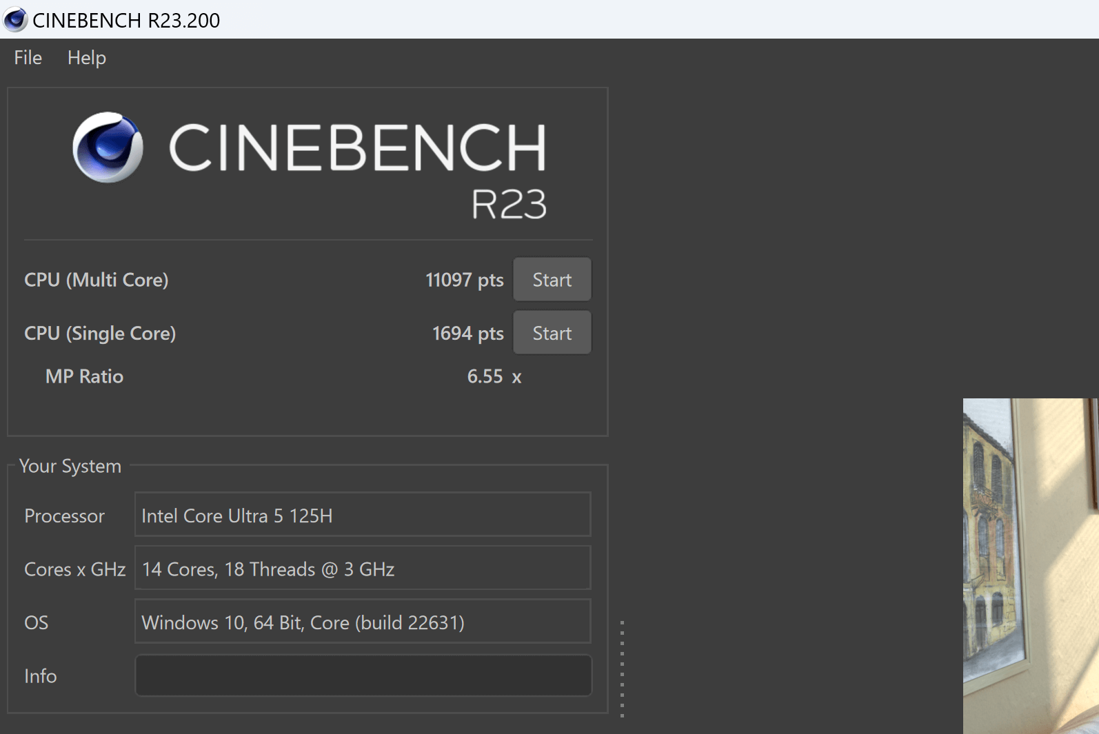 「Cinebench R23」の結果。ビジネスワークにおいては十分すぎる性能だ。なお、計測はデフォルト設定の10分間回したときの値