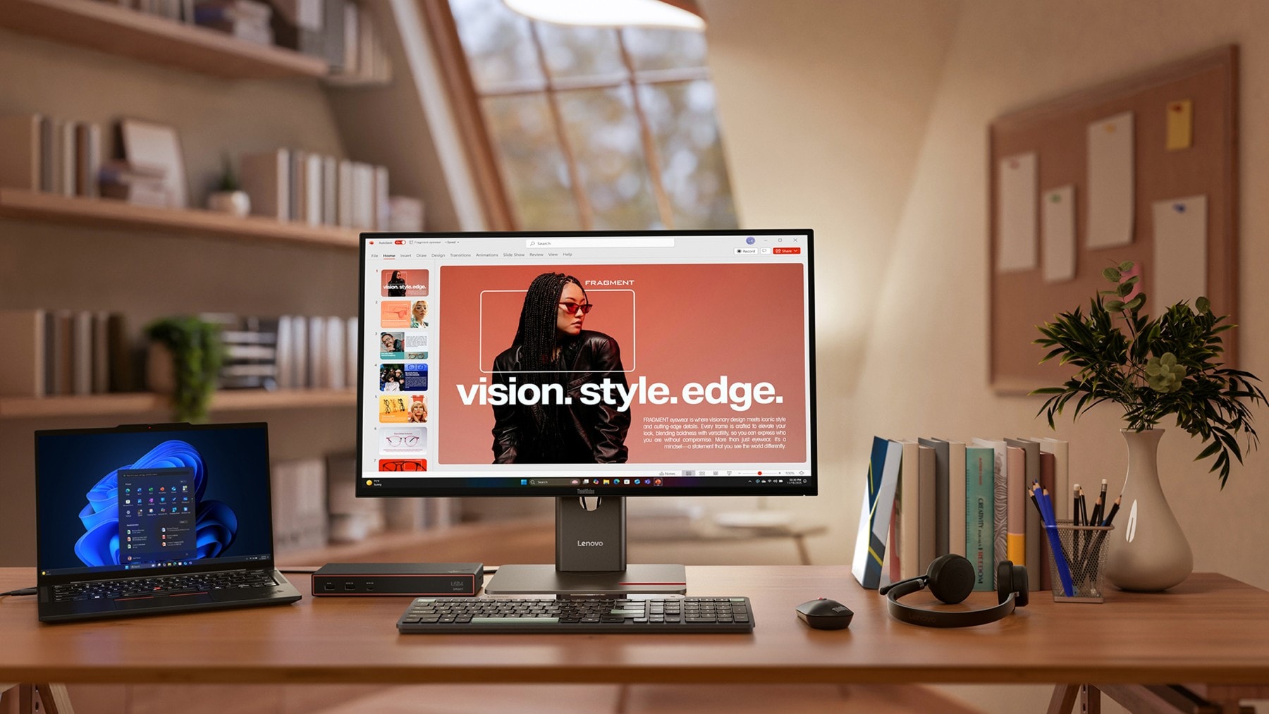 A desktop computer, a laptop, and a book are arranged neatly on a wooden desk.