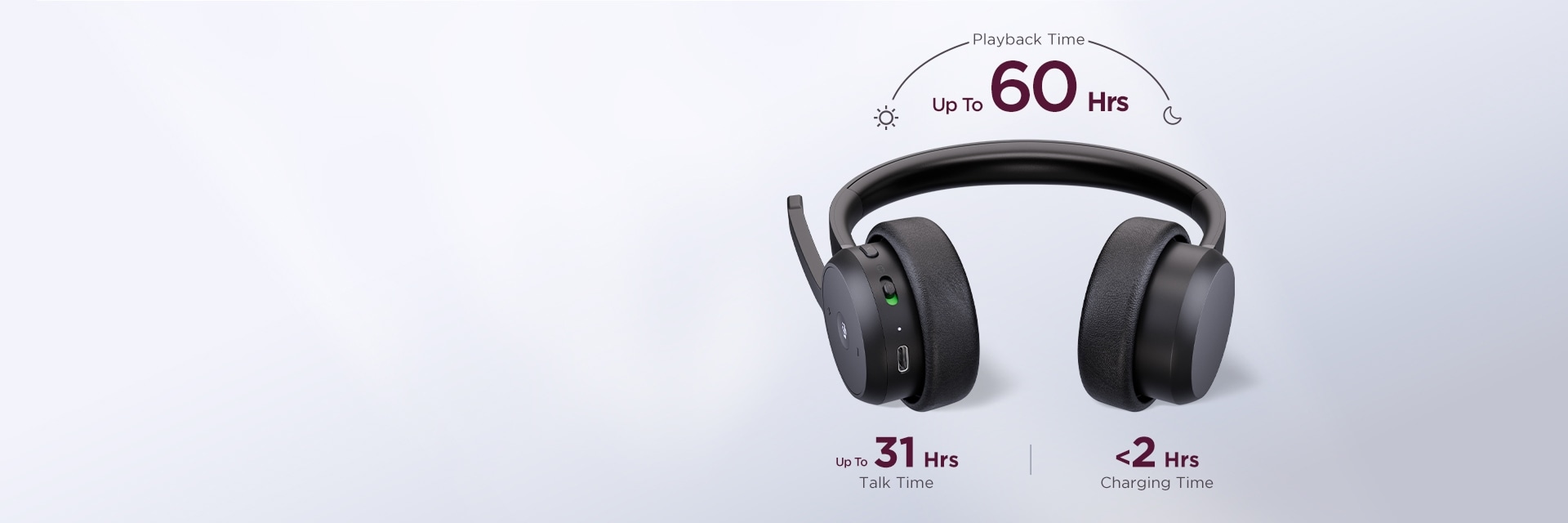 Black over‑ear headphones shown with icons highlighting long playback, long talk time, and fast charging.