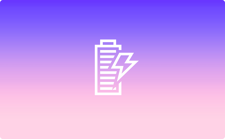 A white battery and lightning bolt icon on a purple-to-pink gradient background.