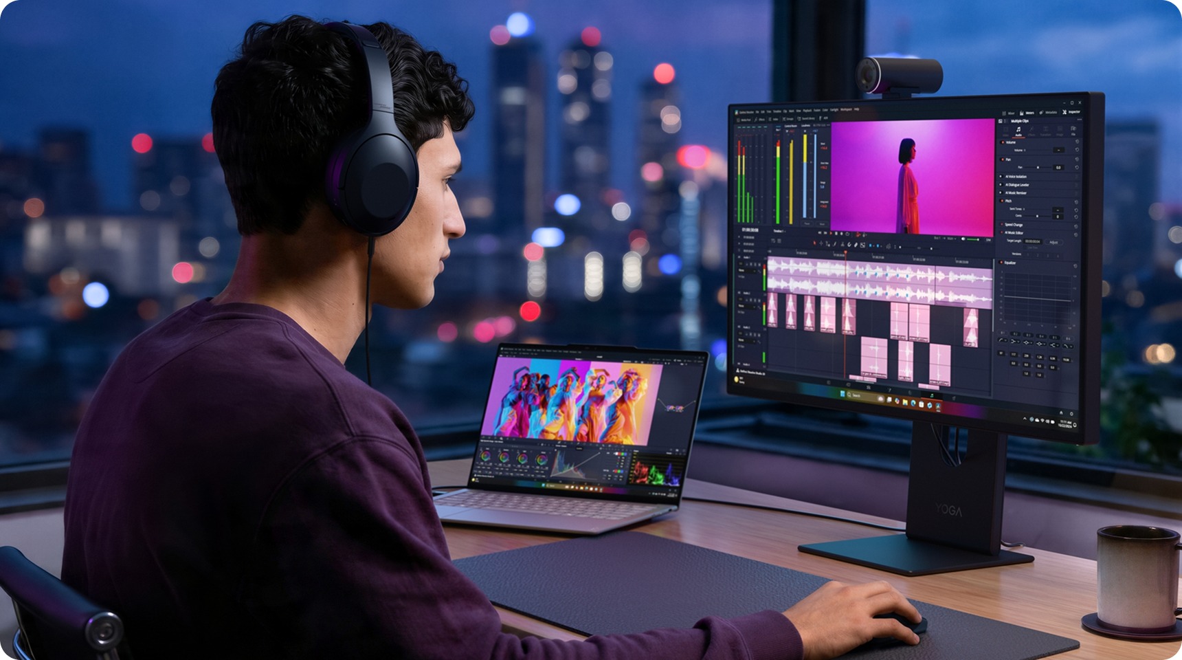 A man wearing black headphones edits video at a desk with a dual-screen setup, overlooking a city skyline at night.