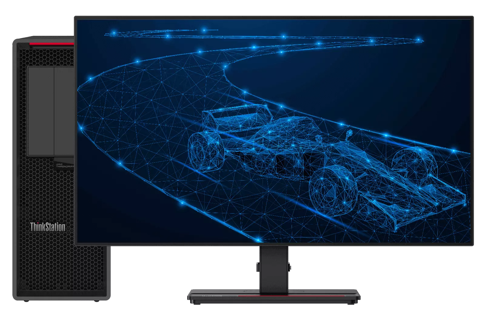 Ekranda bir yarış pistinde bir F1 arabasının tasarım planları olan Lenovo ThinkStation.