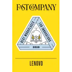 a poster with yellow background, with triangle logo saying fast company, Lenovo