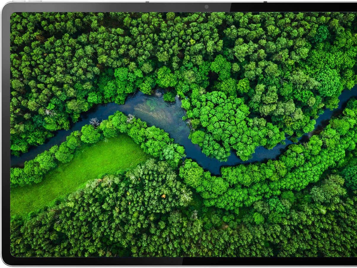 Cropped tablet display showing aerial view of river winding through dense forest