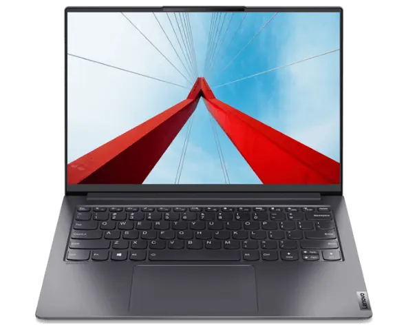 Lenovo laptop open with display showing image looking upward at tall, red, inverted-V-shaped structure with cables emanating from the top