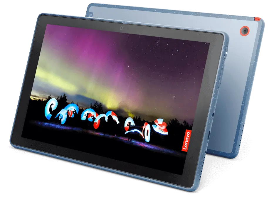 Two identical Lenovo tablets, back to back, with the display of one showing a night sky with aurora borealis and circular motion graphics on the ground  