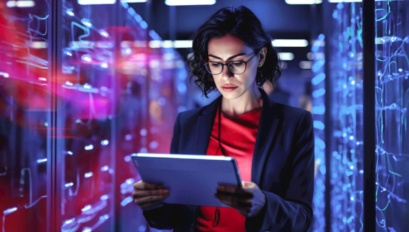 Uma mulher em um data center analisa informações em um tablet, cercada por racks de servidores brilhantes e um ambiente focado em tecnologia.