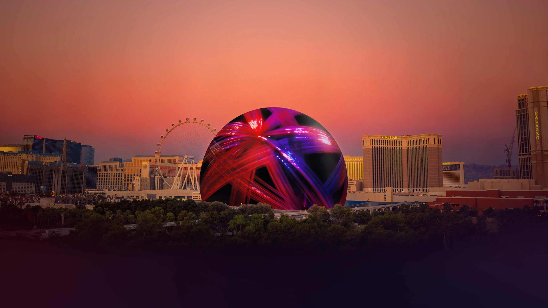 Las Vegas skyline at sunset featuring the illuminated MSG Sphere with vibrant red and purple light patterns, the High Roller Ferris wheel, and surrounding hotels.