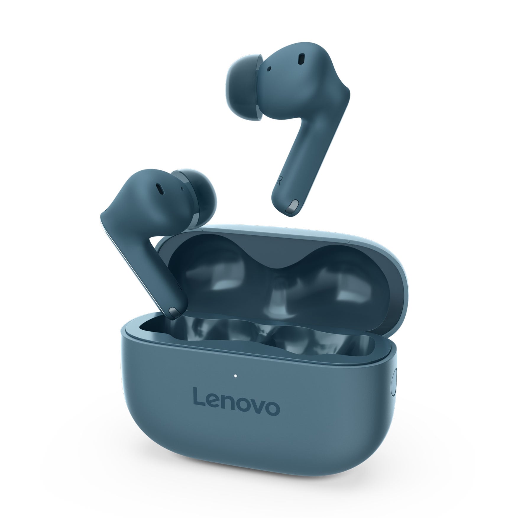 Close up on Lenovo TWS Yoga PC Edition earbuds and charging case, with one earbud floating