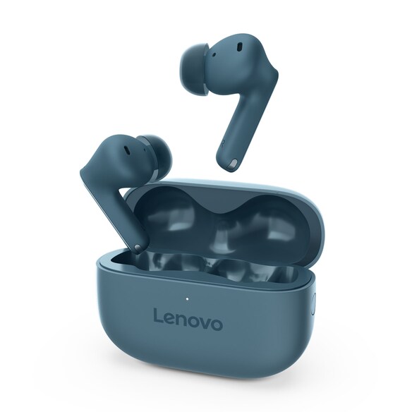 Close up on Lenovo TWS Yoga PC Edition earbuds and charging case, with one earbud floating