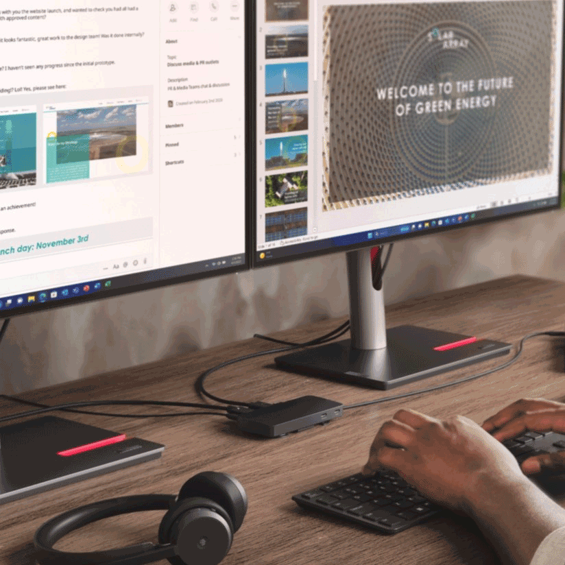 A slim travel dock connects two monitors.