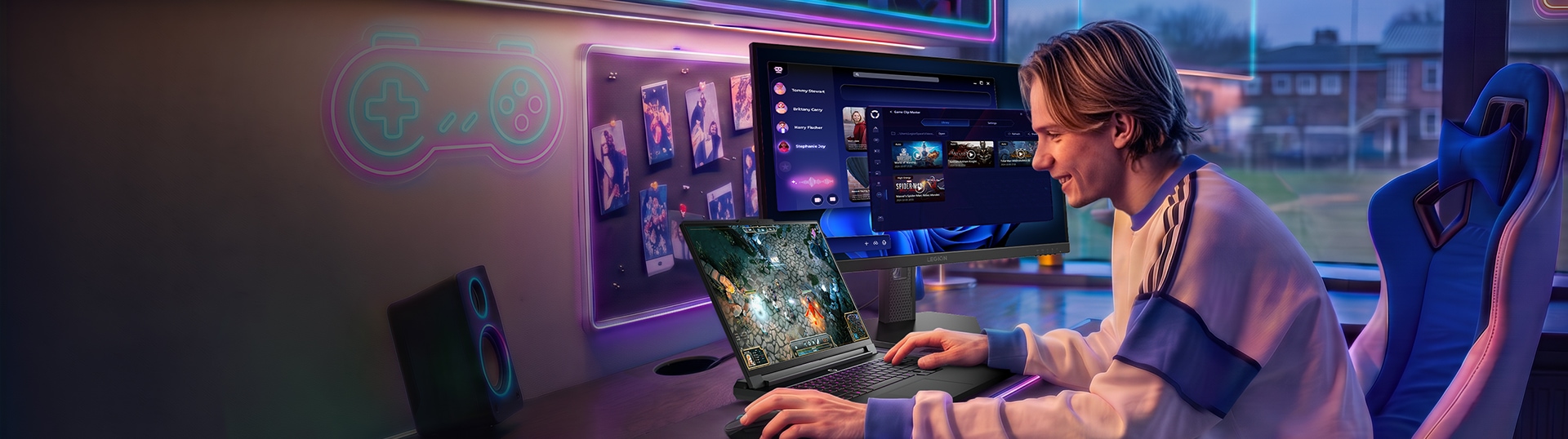 Un hombre sentado en una computadora Lenovo LOQ Tower jugando.