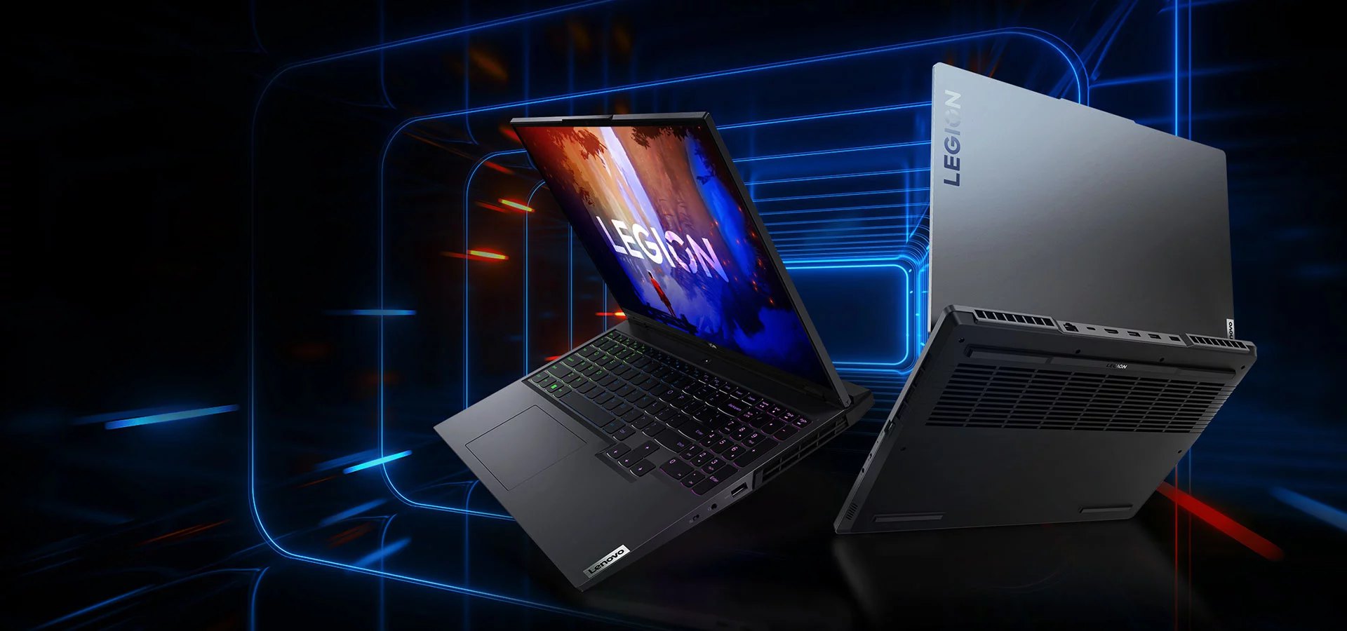 Four Lenovo Legion gaming laptops facing different directions, with cover open at varying degrees: Lenovo Legion 5, Lenovo Legion 5 Pro, Lenovo Legion 7, and Lenovo Legion Slim 7.