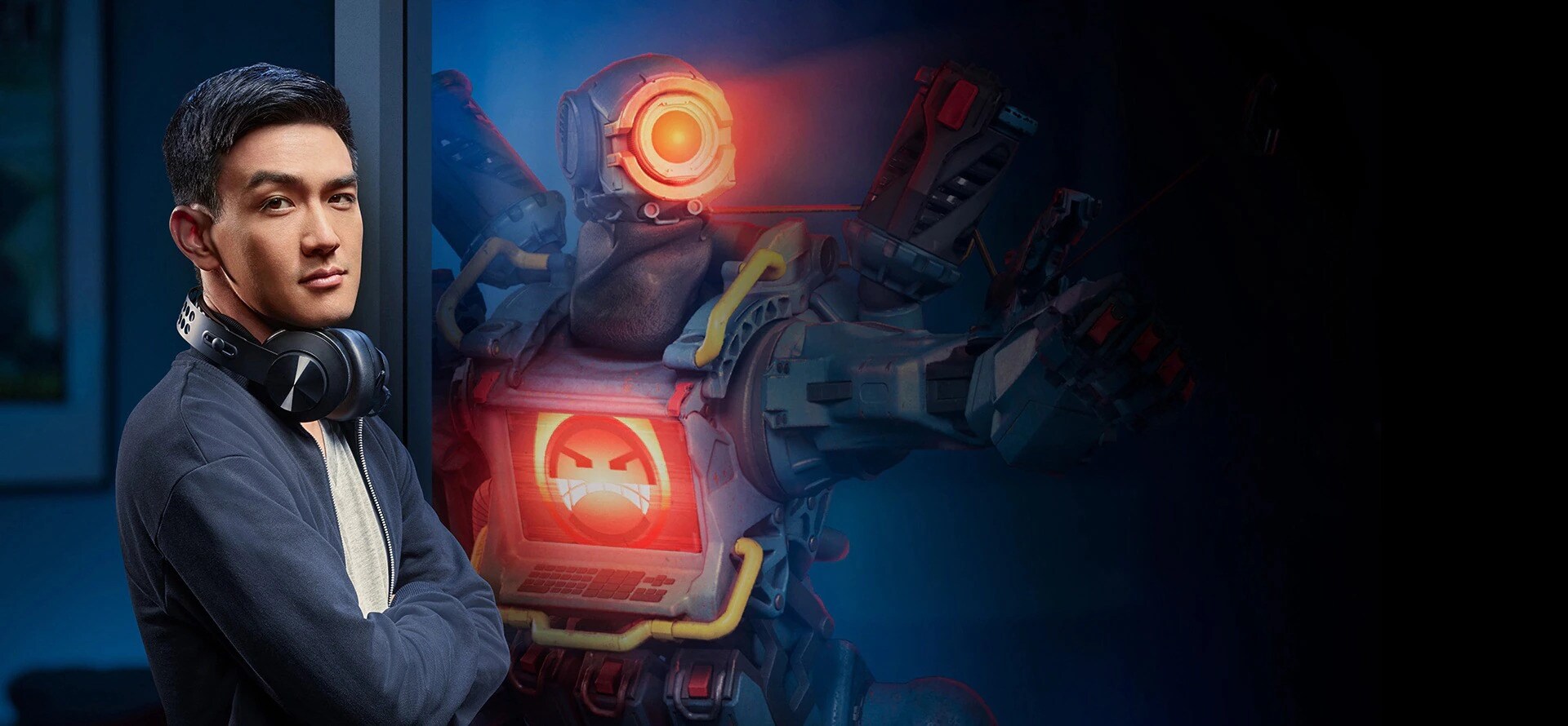 Gamer with headphones and a robot