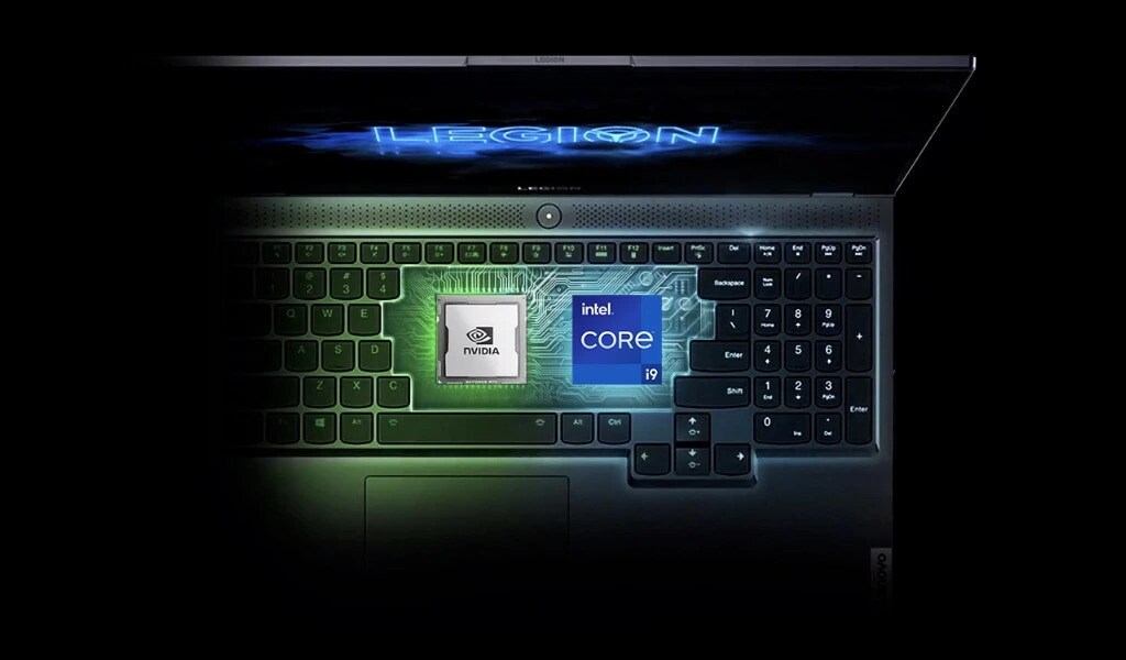 An open up laptop with NVIDIA GeForce RTX graphics and 10th Gen Intel Core prcessor on the keyboard