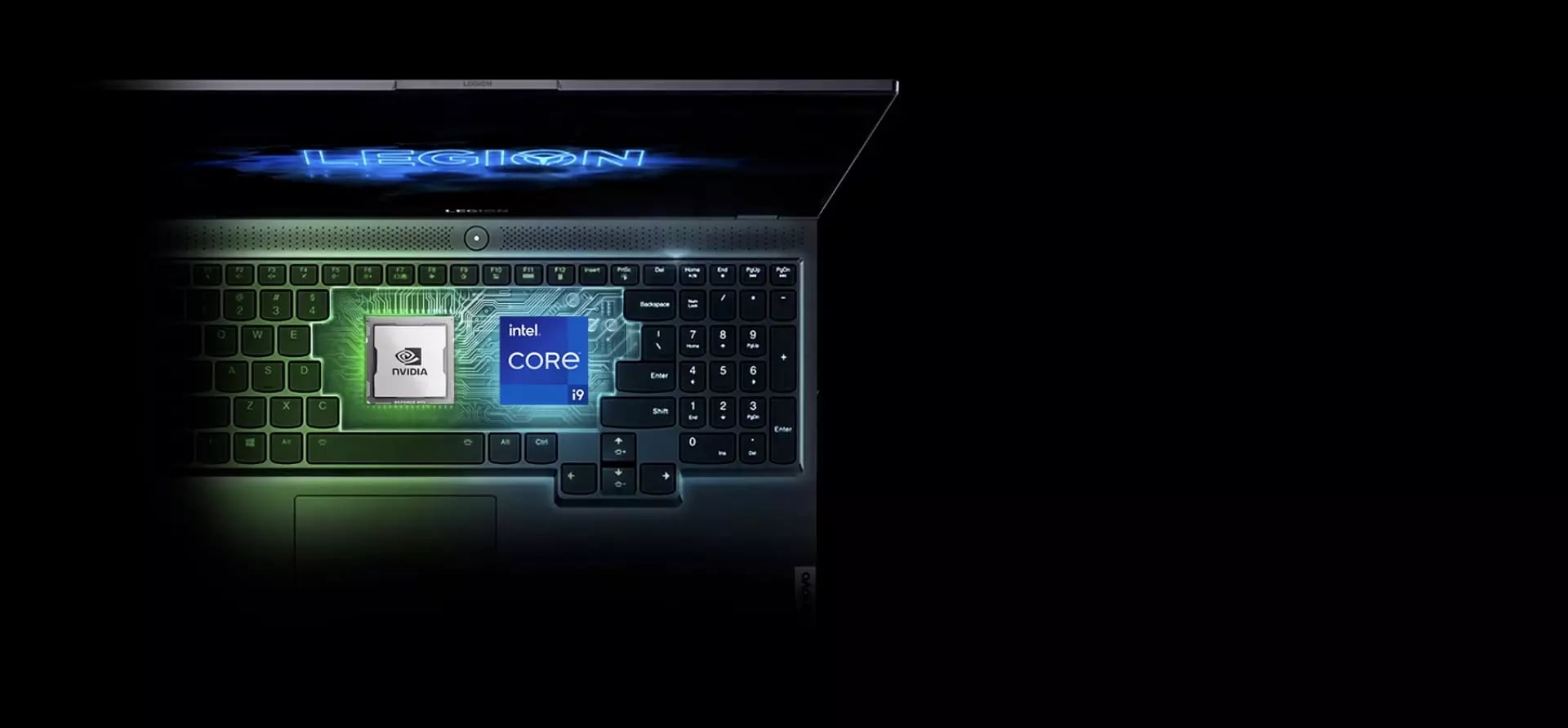 An open up laptop with NVIDIA GeForce RTX graphics and 10th Gen Intel Core prcessor on the keyboard