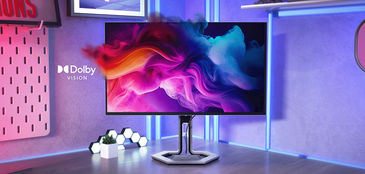 Legion Pro monitor on desk displaying colorful and extraordinary contrast visuals with Dolby Vision.