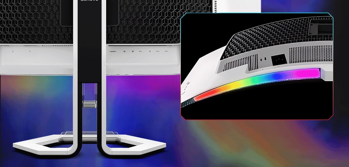 A photo shows the rear side of the Legion Pro monitor with a close up shot shows the lighting