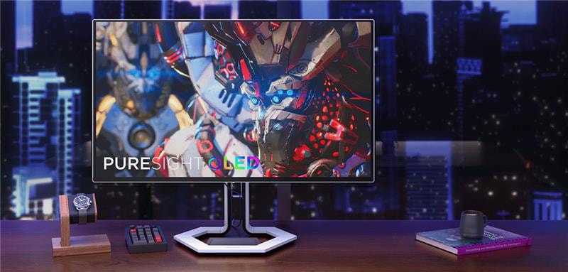 Legion Pro 32UD-10 place on the table with a night view background.