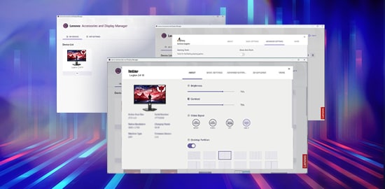 A photo shows the Lenovo Artery (LADM) software of the Legion-10 monitors.