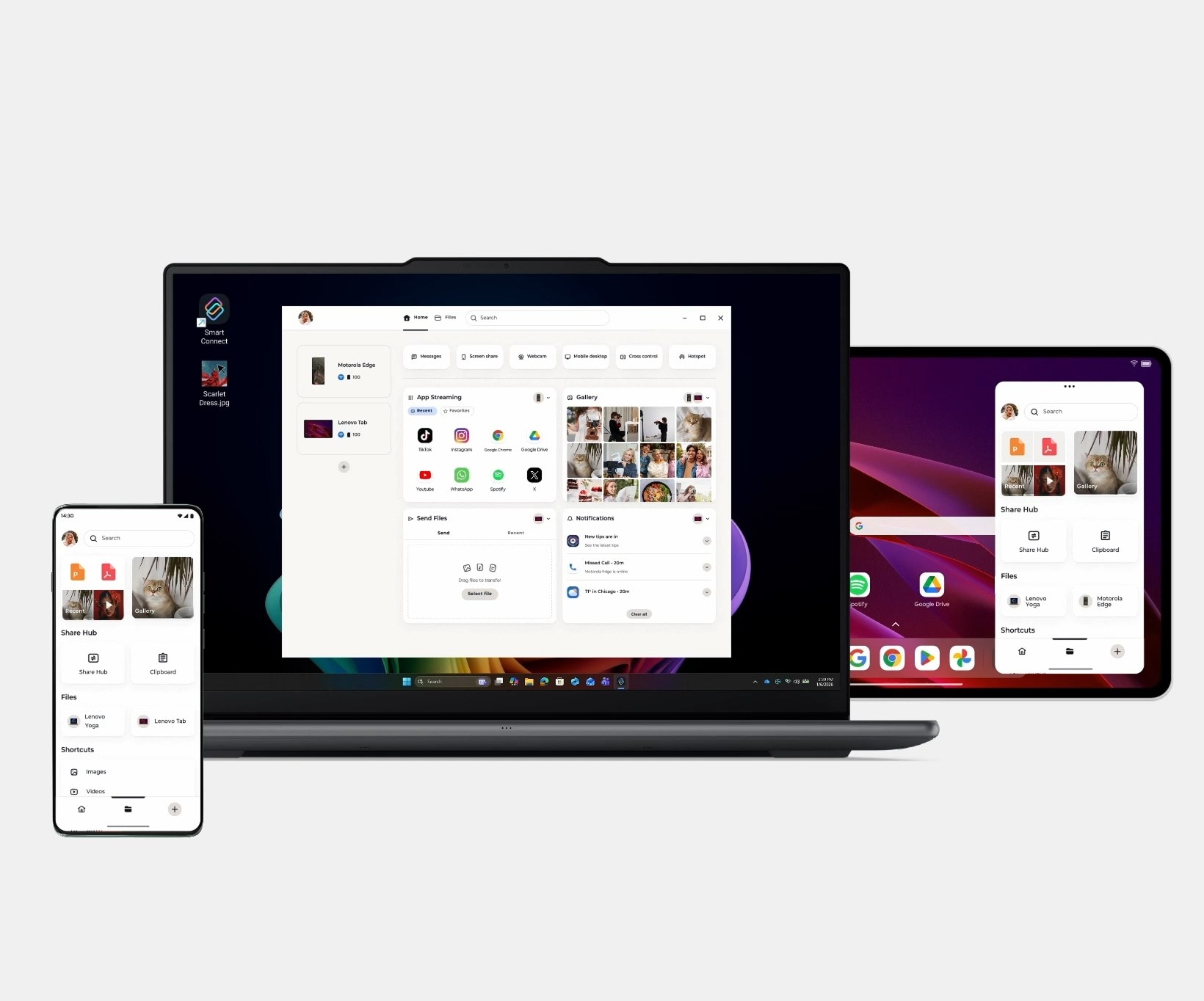 A photo is dragged from a Lenovo Yoga laptop into Smart Connect Gallery and appears on a Motorola smartphone.