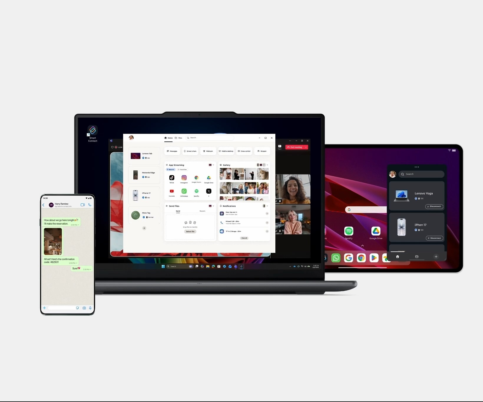 A Lenovo Yoga laptop extends a meeting screen to a Lenovo tablet while using the laptop’s keyboard and mouse to reply to a message on a Motorola smartphone through Smart Connect Cross Control.