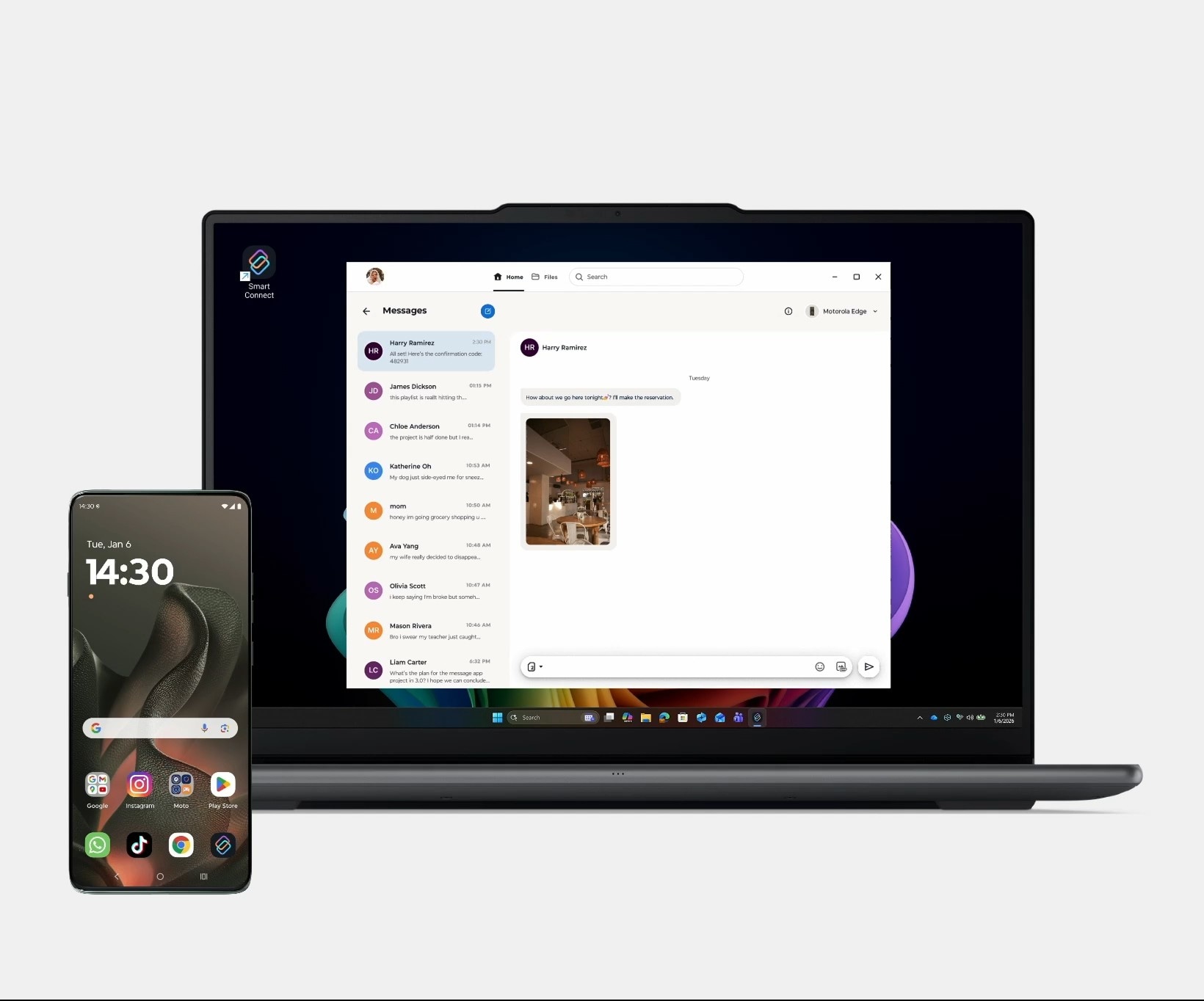 A text message received on a Motorola smartphone appears on a Lenovo Yoga laptop through Smart Connect Messages, allowing the user to reply and copy a verification code.