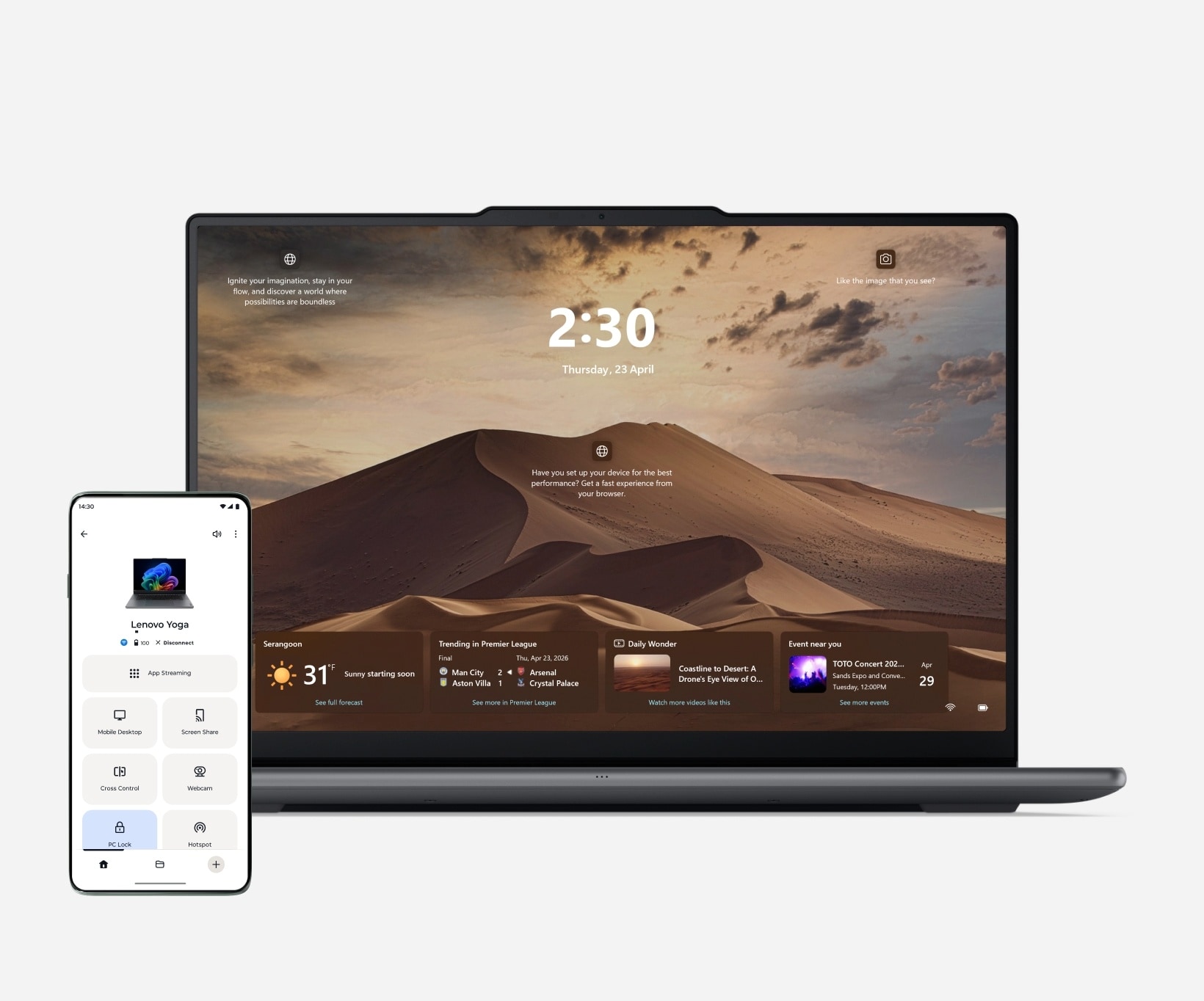 A Lenovo Yoga laptop is locked remotely using Smart Connect on a Motorola smartphone.