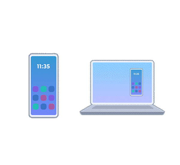 Un téléphone intelligent est affiché à côté d’un écran de portable affichant une interface téléphonique en miroir représentant l’accès à l’écran du téléphone sur le PC.