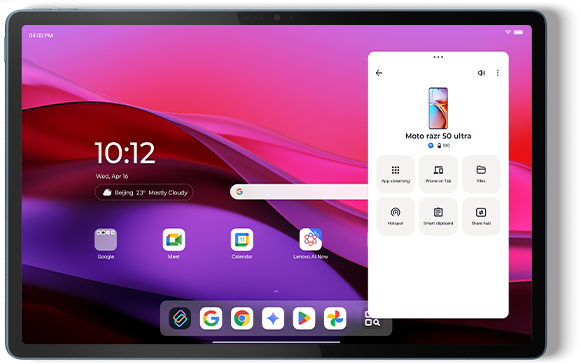 Tablette Lenovo Yoga avec interface Smart Connect à l’écran, montrant les appareils connectés et les fonctionnalités multitâches.